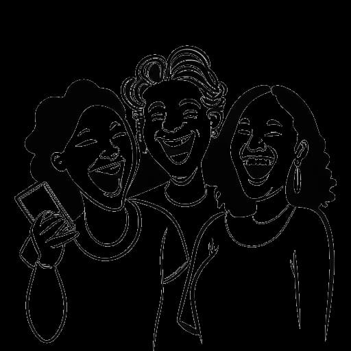 Strichzeichnung von vier Menschen, die lachen, Mitglieder von Y-Titty darstellend, mit einer Musiknote, einer Videokamera, einem Filmstreifen und einem Apple-Logo im Hintergrund, auf weißem Hintergrund.