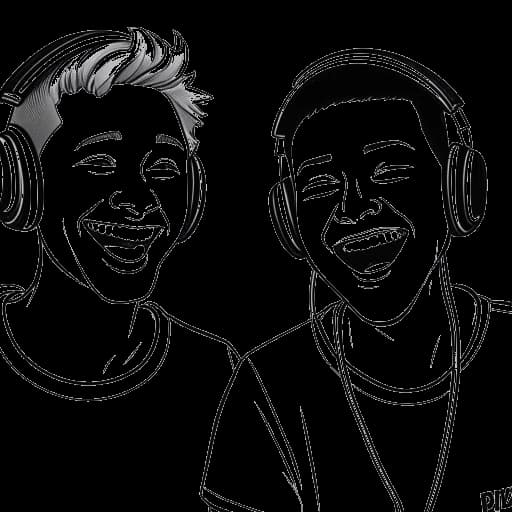 Strichzeichnung von zwei jungen Männern mit Kopfhörern, die Matthias Roll und Phil Laude darstellen, die lachen, mit einem Mikrofon und einem YouTube-Logo im Hintergrund, auf weißem Hintergrund.