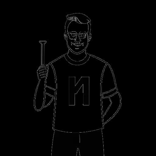 Strichzeichnung eines Mannes, der Matthias Roll darstellt, eine große Zahl 1 haltend, mit einem YouTube-Play-Button und der deutschen Flagge im Hintergrund, auf weißem Hintergrund.