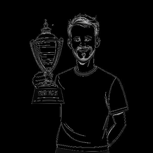 Strichzeichnung eines Mannes, der Matthias Roll darstellt, der einen Pokal hält, mit einem YouTube-Play-Button und der großen Zahl 700 Millionen im Hintergrund, auf weißem Hintergrund.