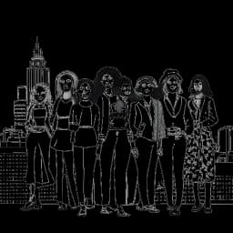 Dibujo en línea de un grupo de mujeres con ropa elegante variada, encarnando la unidad, con el horizonte de la ciudad de Londres detrás de ellas, representando la visión de Leonie Hanne, todo contra un fondo blanco.