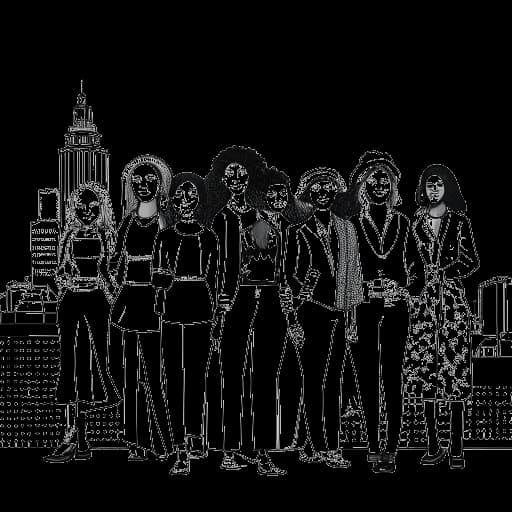 Dibujo en línea de un grupo de mujeres con ropa elegante variada, encarnando la unidad, con el horizonte de la ciudad de Londres detrás de ellas, representando la visión de Leonie Hanne, todo contra un fondo blanco.