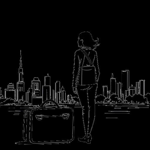 Lijntekening van een vrouw, representatief voor Leonie Hanne, met een koffer, haar ogen gericht op de skyline van de stad