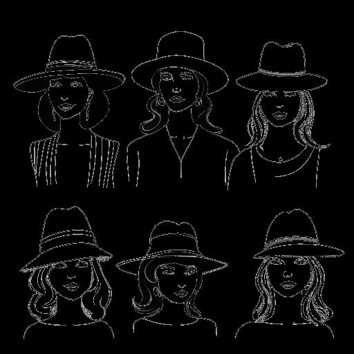 Lijntekening van een vrouw, representatief voor Leonie Hanne, met verschillende hoeden op die verschillende rollen symboliseren