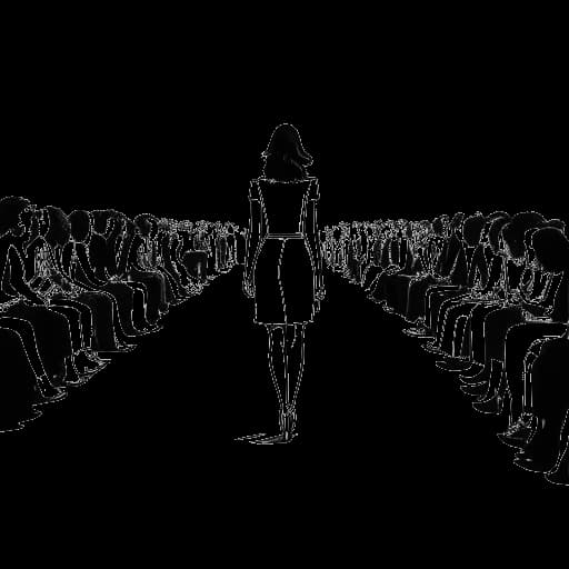Lijntekening van een vrouw, representatief voor Leonie Hanne, op de catwalk lopend met een publiek op de achtergrond