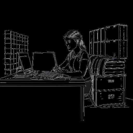 Lijntekening van een vrouw, representatief voor Leonie Hanne, werkend aan een bureau met zeecontainers op de achtergrond
