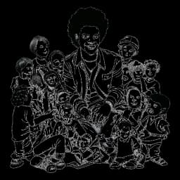 Line art drawing of Michael Jackson engaged in philanthropy, surrounded by children he has helped through his charitable work.