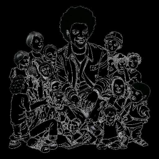 Line art drawing of Michael Jackson engaged in philanthropy, surrounded by children he has helped through his charitable work.