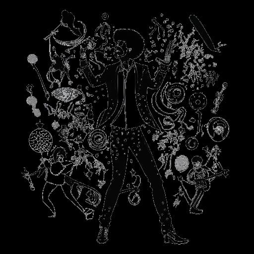 Line drawing of a man, representing Michael Jackson, surrounded by music notes, dollar signs, a microphone, and a silhouette of the moonwalk, against a white backdrop.