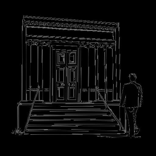 Lijntekening van een man, die Michael Jackson voorstelt, die een rechtbank verlaat.