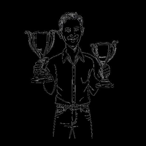 Lijntekening van een man, die Michael Jackson voorstelt, die meerdere Grammy en American Music Awards trofeeën vasthoudt.