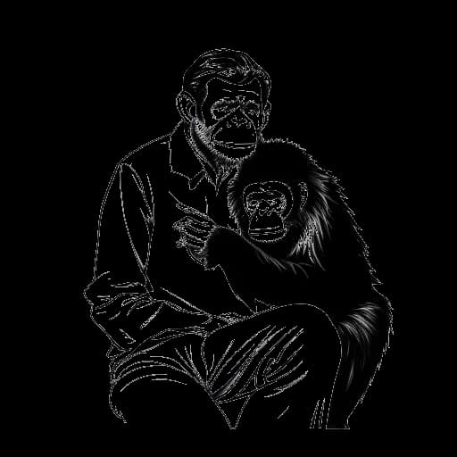 Lijntekening van een man, die Michael Jackson voorstelt, met een chimpansee, die Bubbles voorstelt.