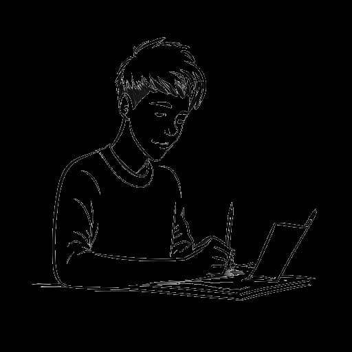 Lijntekening van een tiener, die Michael Jackson voorstelt, die een contract ondertekent.