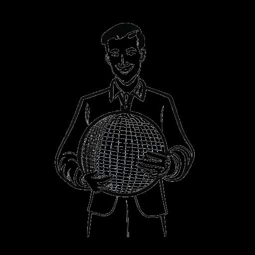 Lijntekening van een man, die Michael Jackson voorstelt, die een globe vasthoudt met het logo van de Heal the World Foundation.