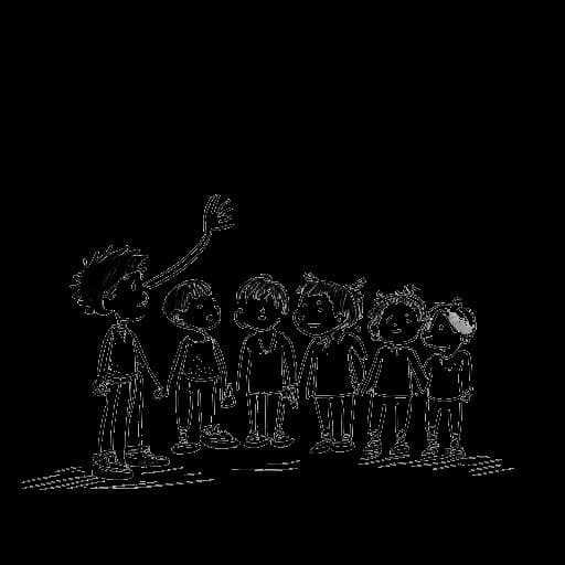 Lijntekening van een jongen, die Michael Jackson voorstelt, die een groep kinderen het podium op leidt.