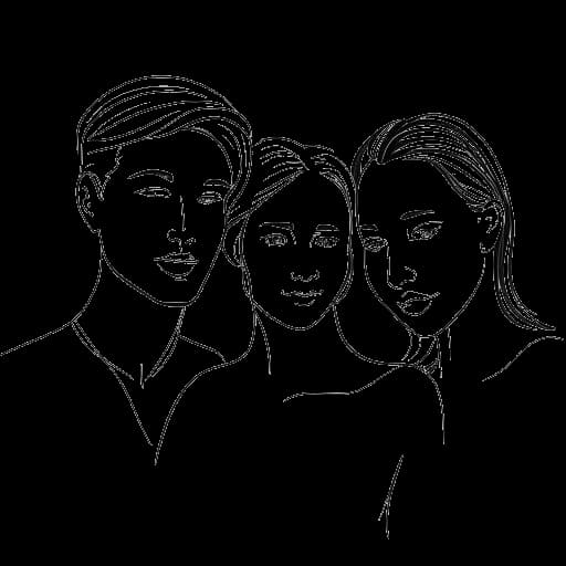 Lijntekening van een man, die Michael Jackson voorstelt, met twee vrouwen, die Lisa Marie Presley en Debbie Rowe voorstellen.