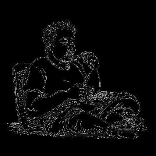 Lijntekening van een man, die Michael Jackson voorstelt, die taco's eet en tv kijkt.