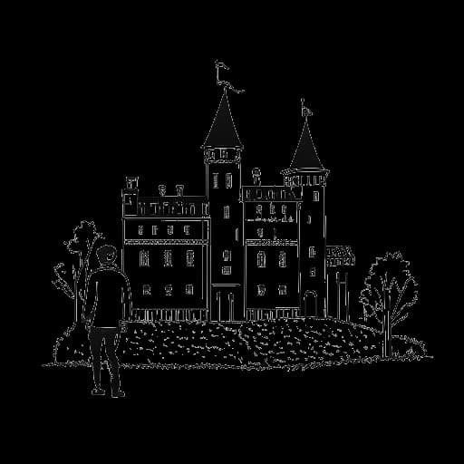 Lijntekening van een man, die Michael Jackson voorstelt, die voor een kasteel staat.