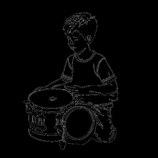 Lijntekening van een jongen, die Michael Jackson voorstelt, die conga's en tamboerijn speelt.