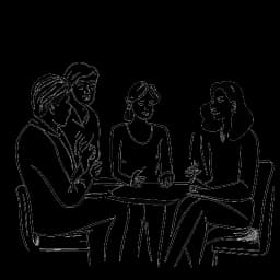 Disegno in stile line art di una donna che rappresenta Sydney Watson, impegnata in una discussione con più persone. L'immagine mostra la sua attività di co-conduttrice e il sito di notizie.