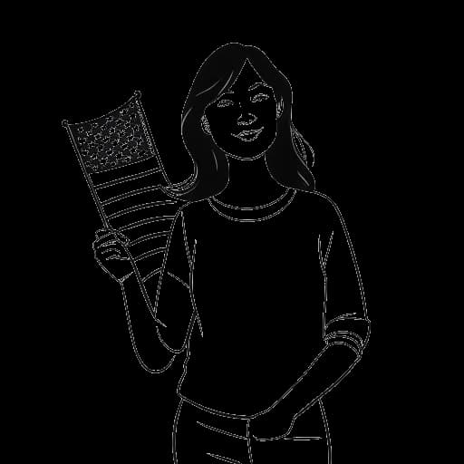Disegno in stile line art di una donna che rappresenta Sydney Watson, con in mano le bandiere australiana e americana. L'immagine rappresenta la sua doppia cittadinanza.