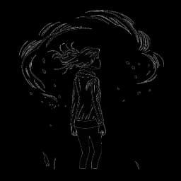 Disegno in stile line art di una donna che rappresenta Sydney Watson, che resta forte di fronte a una tempesta. L'immagine simboleggia la sua resilienza e determinazione.