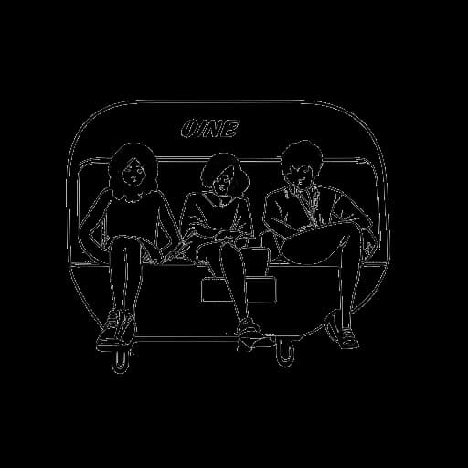 Desenho de linha de uma mulher representando Sydney Watson presa entre dois passageiros maiores em um avião