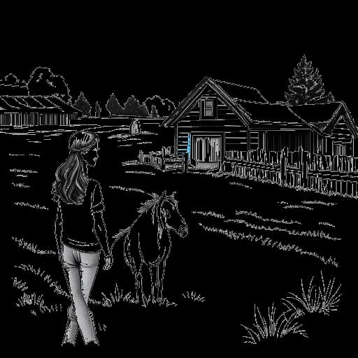 Strichzeichnung von Bhad Bhabie auf der Turn-About Ranch, mit Pferden und Hütten in ländlicher Umgebung
