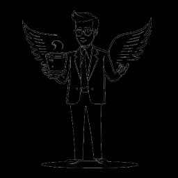 Disegno in bianco e nero di un uomo che simboleggia Chris Olsen in piedi con fiducia, una clapperboard che indica ambizioni recitative e una tazza di caffè alata che rappresenta il suo marchio di caffè, il tutto su uno sfondo bianco semplice.