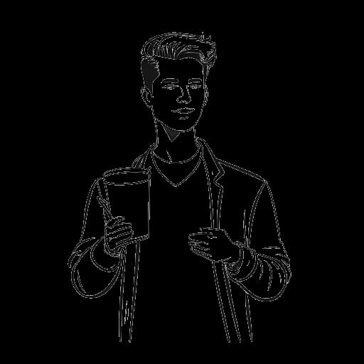 Dessin en ligne d'un homme branché, représentant Chris Olsen, tenant une tasse de café artisanale et une ardoise de cinéma, évoquant un influenceur numérique avec des aspirations d'acteur, sur un fond blanc immaculé.