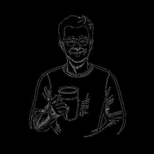 Dessin en ligne d'un homme, représentant Chris Olsen, tenant une tasse de café avec le logo 'Flight Fuel' et entouré de grains de café.