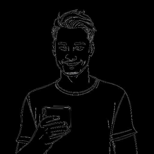 Dessin en ligne d'un homme, représentant Chris Olsen, tenant un smartphone avec une application Instagram ouverte.