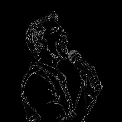 Dessin en ligne d'un homme, représentant Chris Olsen, chantant dans un microphone.