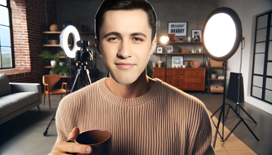 Uomo gay di metà dei 20 anni che tiene una tazza di caffè, vestito casualmente, guarda sicuro dritto in macchina fotografica in un ambiente urbano.