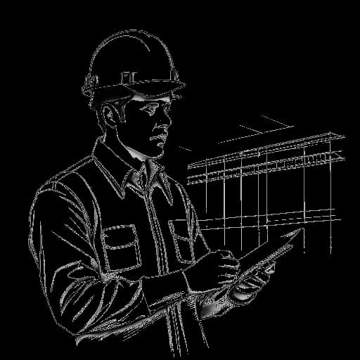 Disegno in stile line art di un direttore dei lavori, che incarna Justin Waller, mentre esamina i disegni dettagliati con una struttura in acciaio che prende forma alle sue spalle.