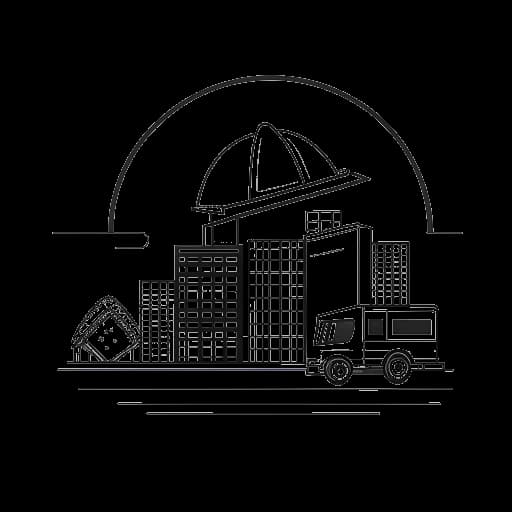 Dibujo de arte lineal de varios símbolos, representando la riqueza de Justin Waller: un casco de construcción para su negocio, una estructura de edificio metálico, un botón de reproducción de YouTube para su canal y una oficina elegante para su espíritu empresarial, todo ello sobre un fondo blanco.