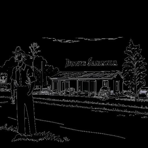 Dibujo de línea de un hombre, representando a Justin Waller, de pie frente a un letrero que dice 'Denham Springs, Luisiana'