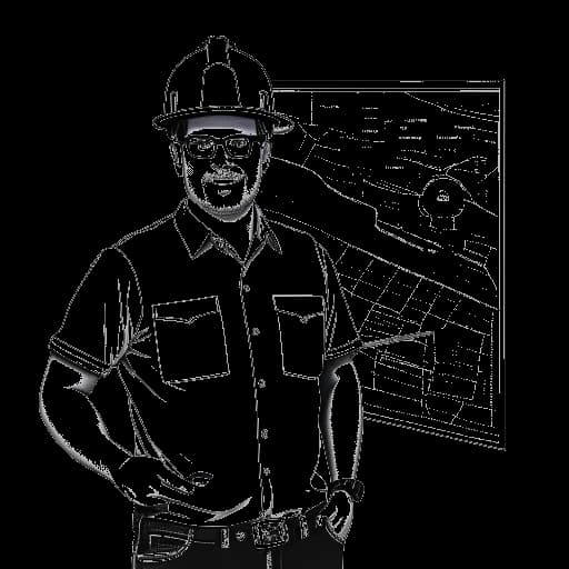 Dibujo de línea de un hombre, representando a Justin Waller, con un casco y herramientas de pie frente a un mapa de Luisiana con estadísticas educativas y socioeconómicas