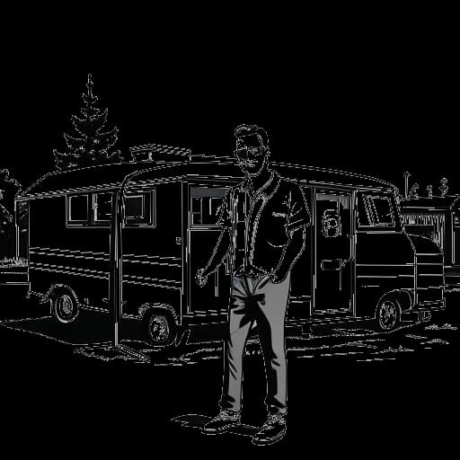 Lijntekening van een man, die Justin Waller vertegenwoordigt, met een stethoscoop voor een trailerpark.