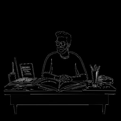 Lijntekening van een man, die Justin Waller vertegenwoordigt, zittend aan een bureau met open boeken en een laptop, met een notitie die 'E-Myth' en 'MBCEA Mentors' leest.