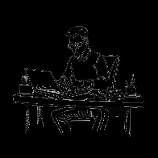 Dibujo de línea de un hombre, representando a Justin Waller, sentado en un escritorio con libros abiertos y una computadora portátil con una nota que dice 'aprendizaje continuo' y 'adaptabilidad'