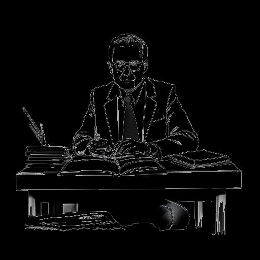 Dibujo de línea de un hombre, representando a Justin Waller, sentado en un escritorio con libros abiertos de Patrick Lencioni, Robert Kiyosaki y Robert E. Gerber