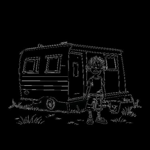 Dibujo de línea de un chico, representando a Justin Waller, jugando afuera de una casa rodante con una expresión feliz