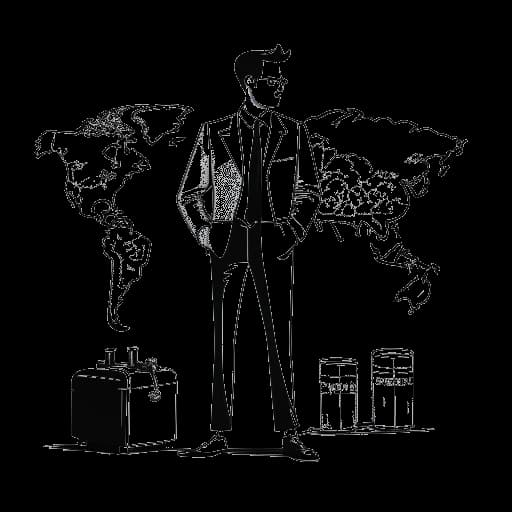 Lijntekening van een man, die Justin Waller vertegenwoordigt, met een koffer voor een wereldkaart met pins op verschillende locaties.