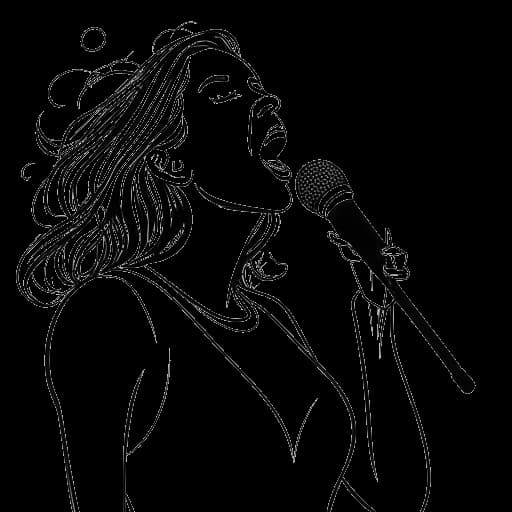 Dessin en traits d'une femme, représentant Chrisean Rock, chantant avec confiance dans un microphone avec des notes de musique autour d'elle.
