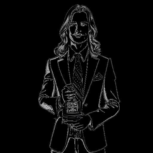 Dibujo de arte lineal de un hombre que representa a Timothée Chalamet, vistiendo un traje elegante, sosteniendo una revista Vogue y una estatuilla del premio de GQ