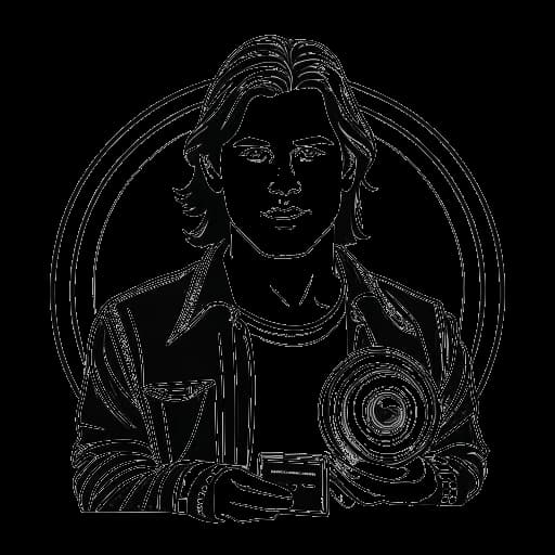 Dibujo de arte lineal de un hombre que representa a Timothée Chalamet, sosteniendo un televisor y una bobina de película, con el logo de 'Law & Order' y un fondo espacial
