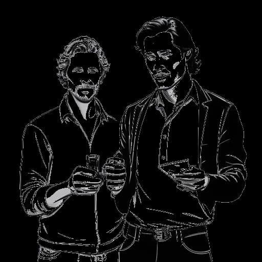 Dibujo de arte lineal de un hombre que representa a Timothée Chalamet, de pie junto a Matthew McConaughey, sosteniendo una bobina de película etiquetada como 'Interstellar'