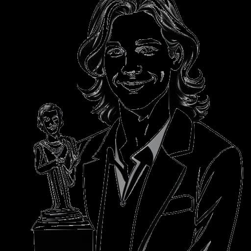 Dibujo de arte lineal de un hombre que representa a Timothée Chalamet, sosteniendo una estatuilla del Premio Lucille Lortel, con pósters de 'Prodigal Son', 'Miss Stevens' y 'Beautiful Boy' en el fondo
