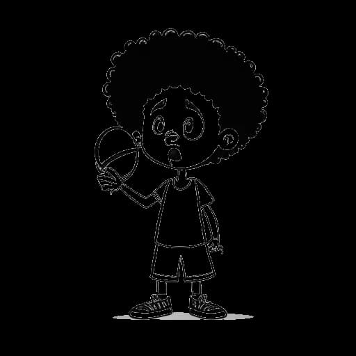Dibujo de arte lineal de un chico que representa a Timothée Chalamet, vistiendo un disfraz de mascota del equipo de baloncesto, sosteniendo un megáfono, con una expresión triste
